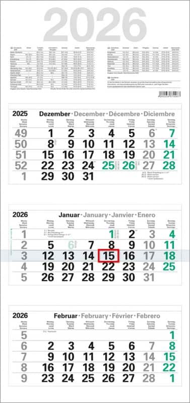 Calendrier 2026 Allemand, Anglais, Français, Espagnol 70 (L) cm Blanc