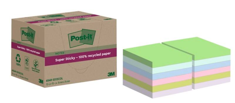 Post-it Super Sticky Recycelte Haftnotizen 76 x 76 mm Farbig sortiert 70 Blatt 12 Blöcke
