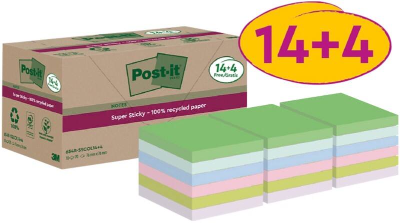 Notes Super Sticky recyclées Post-it 76 x 76 mm Assortiment 70 notes Pack promo 14 + 4 blocs gratuit