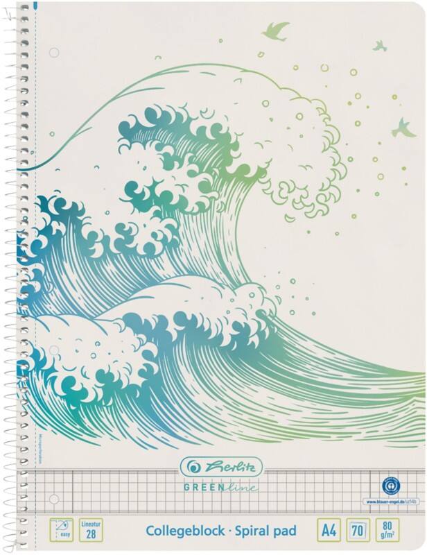 Cahier herlitz GREENline A4 Quadrillé Reliure spirale Reliure latérale Carton Dos cartonné Vert Perforé 140 Pages