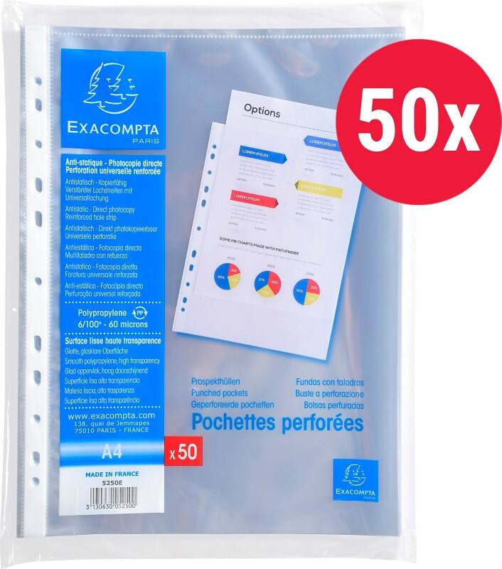 Exacompta Klarsichthüllen A4 Glatt Transparent 60 Mikron PP (Polypropylen) Öffnung oben 5250E 50 Stück