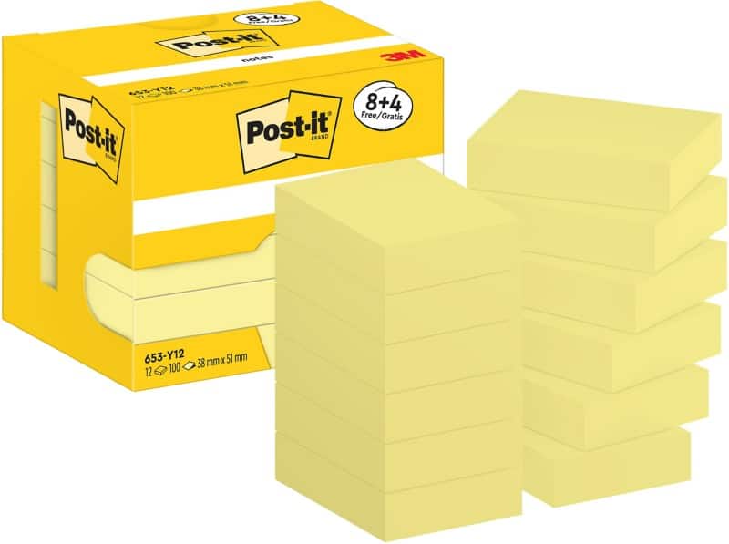 Notes adhésives Post-it 653-Y12 38 x 51 mm 100 notes par bloc Jaune 12 unités (8+4 gratuits)
