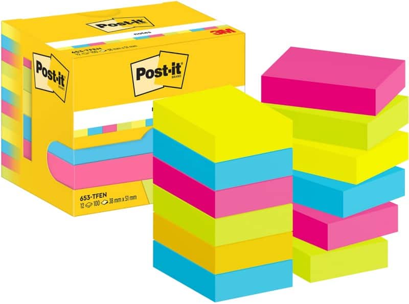 Notes adhésives Post-it 653-TFEN 38 x 51 mm 100 notes par bloc Bleu, jaune, rose, vert 12 unités