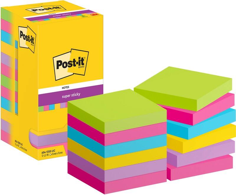 Notes Super Sticky Post-it 654-12SS-UC 76 x 76 mm 90 notes par bloc Bleu, jaune, rose, vert, violet Carré Vierge 12 unités