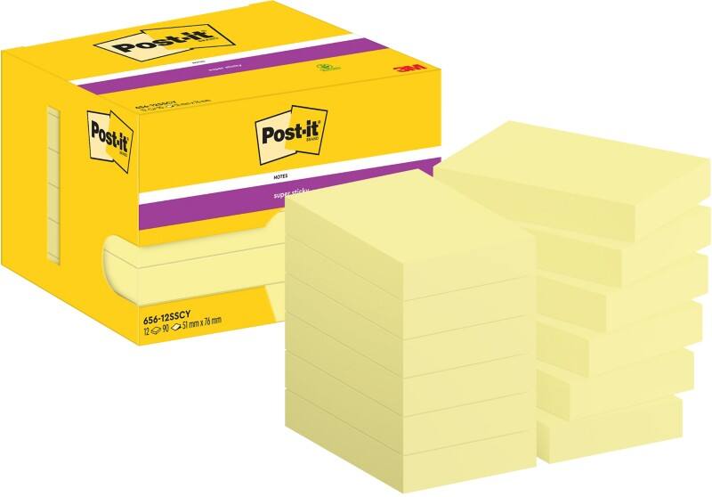 Notes Super Sticky Post-it 656-12SSCY 51 x 76 mm 90 notes par bloc Jaune Rectangulaire Vierge 12 unités
