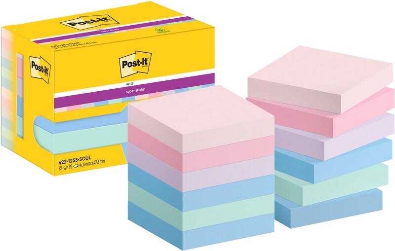 Notes Super Sticky Post-it 622-12SS-SOUL 47,6 x 47,6 mm 90 notes par bloc Bleu, rose, vert, violet Carré Vierge 12 unités