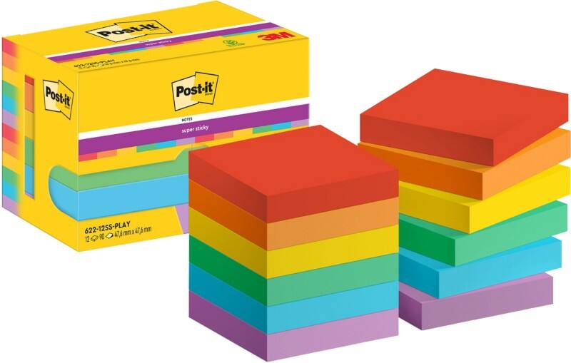 Notes Super Sticky Post-it 622-12SS-PLAY 47,6 x 47,6 mm 90 notes par bloc Bleu, jaune, orange, rouge, vert, violet Carré Vierge 12 unités