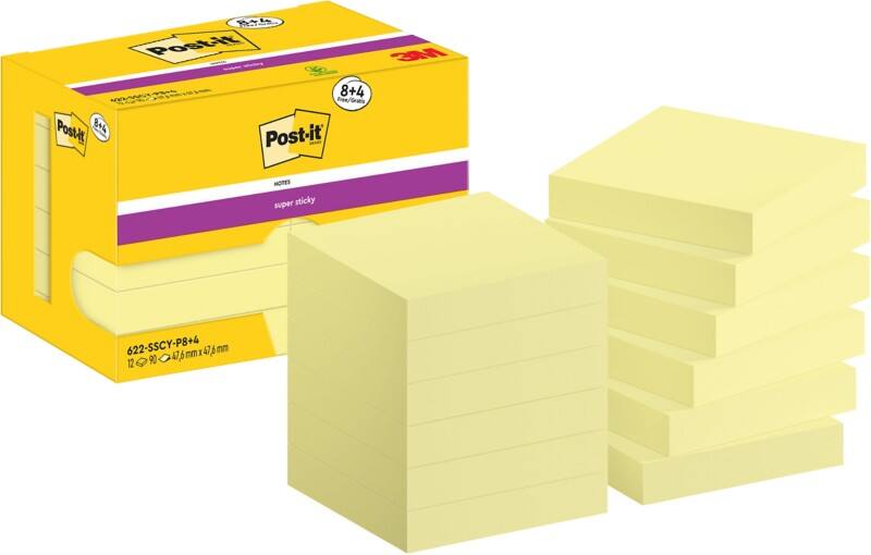 Post-it Super Sticky Haftnotizen 622-SSCY 47,6 x 47,6 mm 90 Blatt pro Block Gelb Quadratisch Unliniert 12 Stück (8 + 4 Gratis)