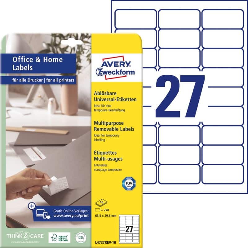 AVERY Zweckform Ablösbare Universaletiketten L4737REV-10 Selbsthaftend A4 Weiss 6,35 x 32,7 x 2,96 cm 10 Blatt à 27 Etiketten