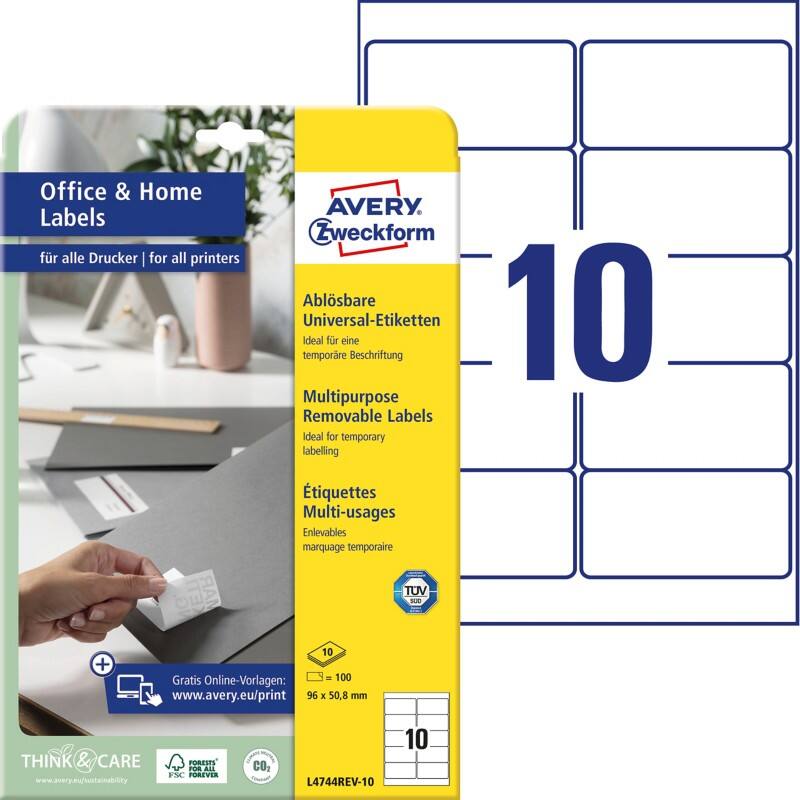 AVERY Zweckform Ablösbare Universaletiketten L4744REV-10 Selbsthaftend A4 Weiss 9,6 x 32,7 x 5,08 cm 10 Blatt à 10 Etiketten