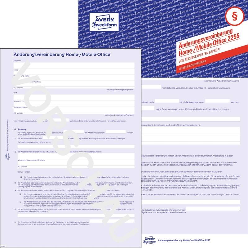 AVERY Zweckform Änderungsvereinbarung Homeoffice / Mobile-Office 2255-5 A4 Perforiert 5 Stück