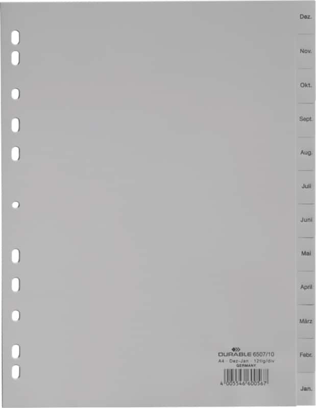 DURABLE Dez - Jan Monatsregister DIN A4 Grau 12-teilig PP (Polypropylen) 11 Löcher 6507