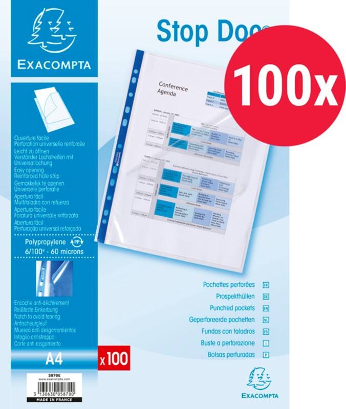 Pochettes perforées STOP DOC Exacompta A4 Transparent 60 microns PP (Polypropylène) Ouverture en haut et à gauche 5870E 100 unités