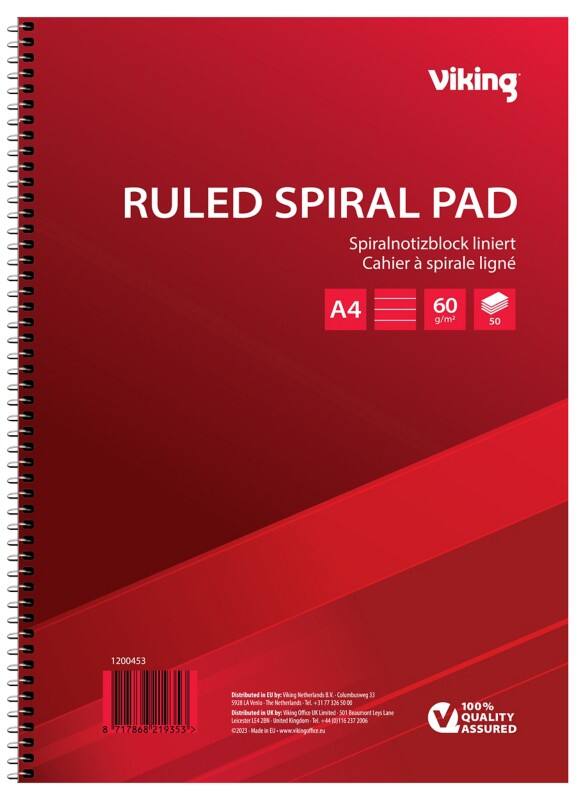 Cahier Viking A4 Ligné Reliure spirale Reliure latérale Papier Couverture souple Rouge Perforé 100 Pages 5 Unités