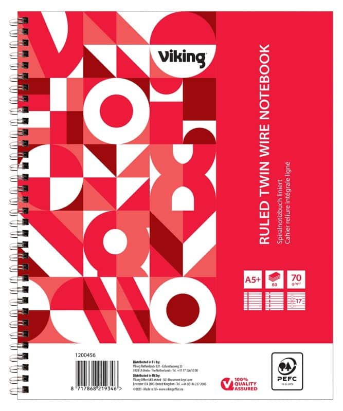 Cahier Viking A5+ Lignes étroites Reliure à double fil Reliure latérale Papier Couverture souple Rouge Perforé 17 Perforations 160 Pages 5 Unités