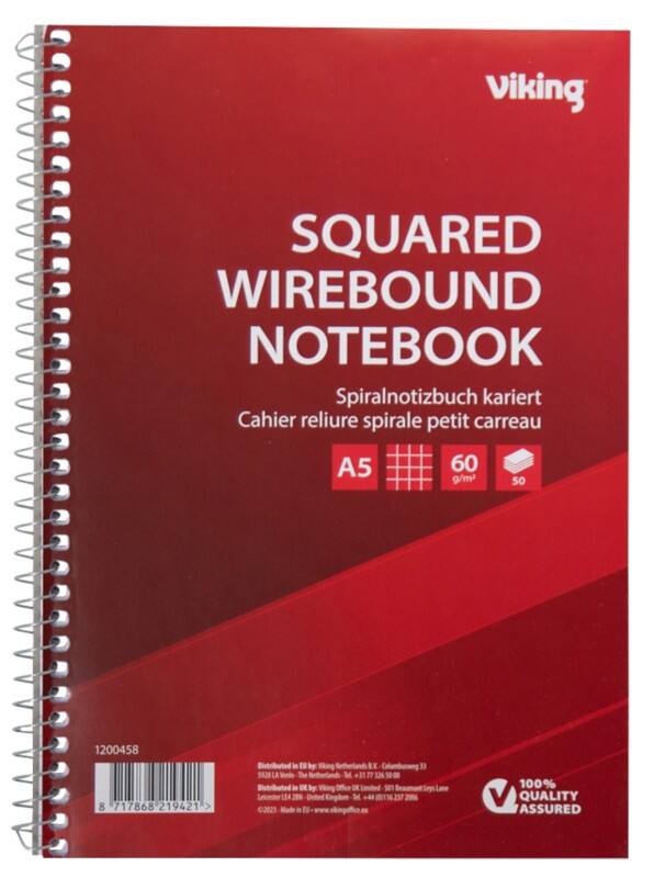 Cahier Viking A5 Quadrillé Fil Reliure latérale Papier Couverture souple Rouge Perforé 100 Pages 5 Unités
