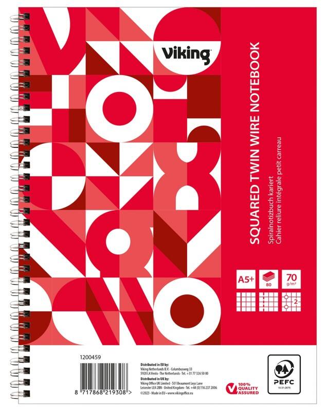 Cahier Viking A5+ Quadrillé Reliure à double fil Reliure latérale Papier Couverture souple Rouge Perforé 160 Pages 5 Unités