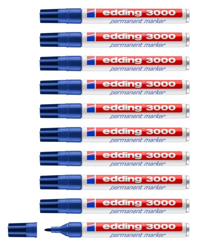 edding 3000 3000 Permanentmarker 100% Recycelt Mittel Rundspitze  - 3 mm Blau Nachfüllbar Wasserbeständig 10 Stück