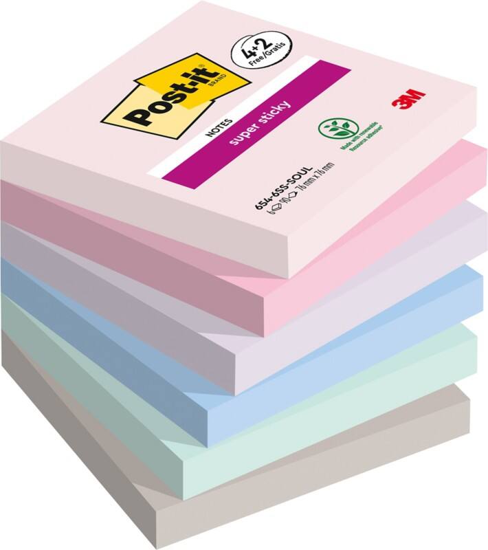 Notes Super Sticky Post-it 76 x 76 mm Couleurs Soulful 90 Feuilles Pack économique 4 blocs + 2 GRATUITS