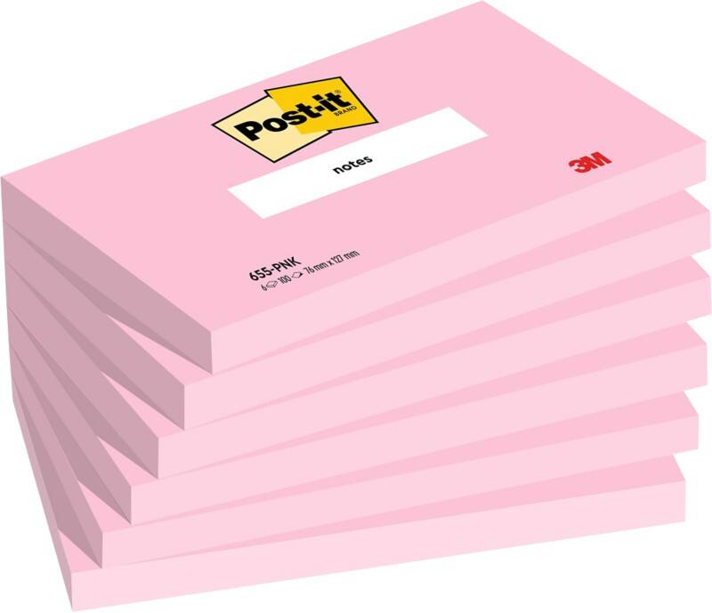 Notes couleurs Post-it Post-it Notes 127 x 76 mm Page blanche Rose 655-PNK 100 6 Unités de 100 Feuilles