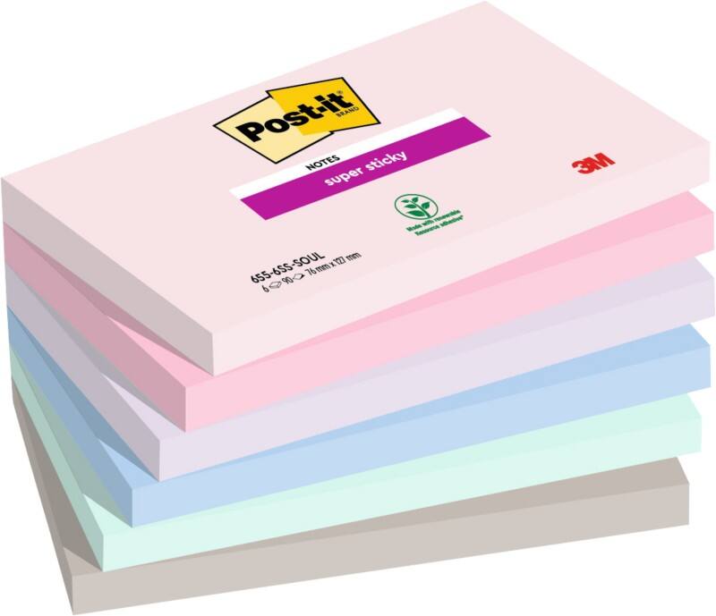 Post-it Super-Haftnotizen 76 x 127 mm Blau, Grün, Grau, Lavendel, Rosa Rechteckig Einfarbig 6 Blöcke mit 90 Blatt
