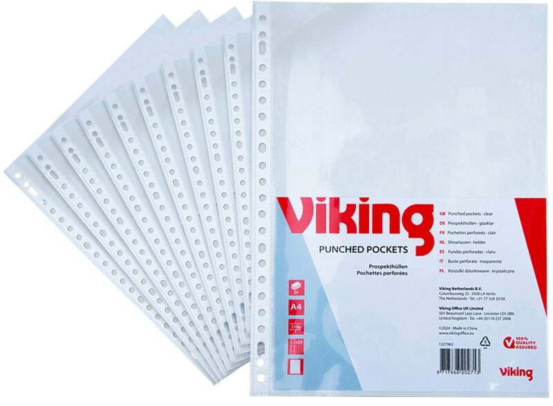 Viking Prospekthüllen A4 Glasklar Transparent 110 Mikron PP (Polypropylen) Öffnung oben 23 Löcher 25 Stück