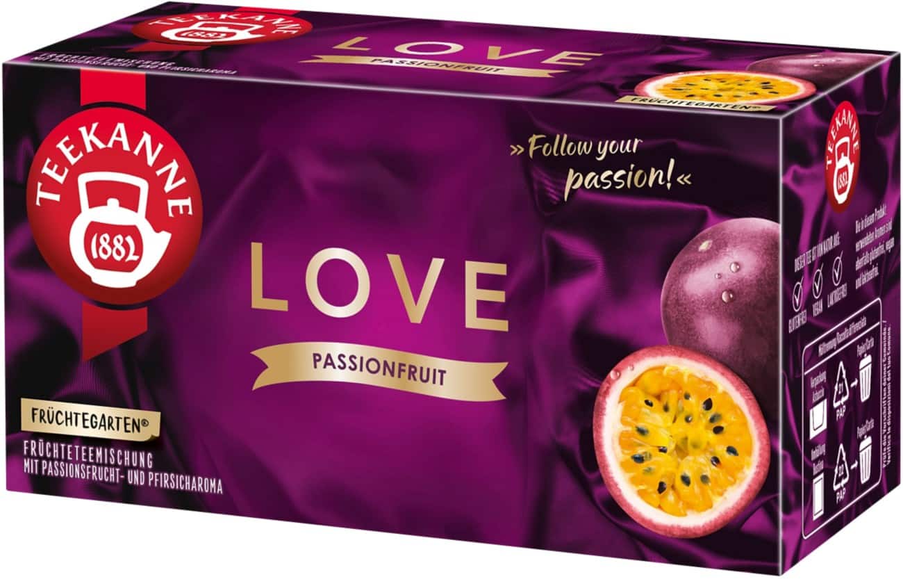 TEEKANNE Früchtegarten Love Koffeinfrei Früchteteebeutel Passionsfrucht, Pfirsich 20 Stück