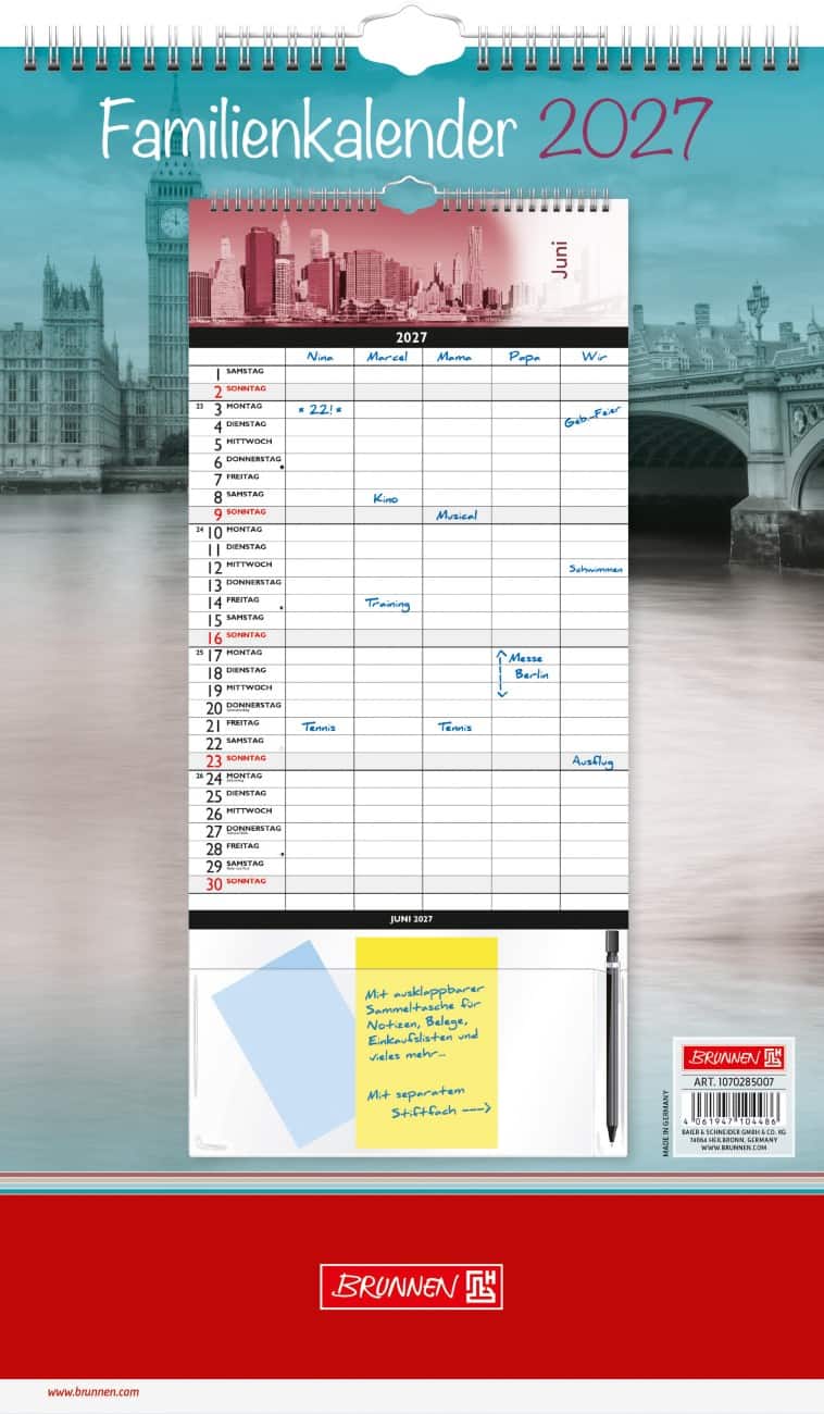 Calendrier mural BRUNNEN Family 2027 1 mois par page Allemand 25,3 (l) x 42,5 (p) x 0,8 (h) cm 3 unités