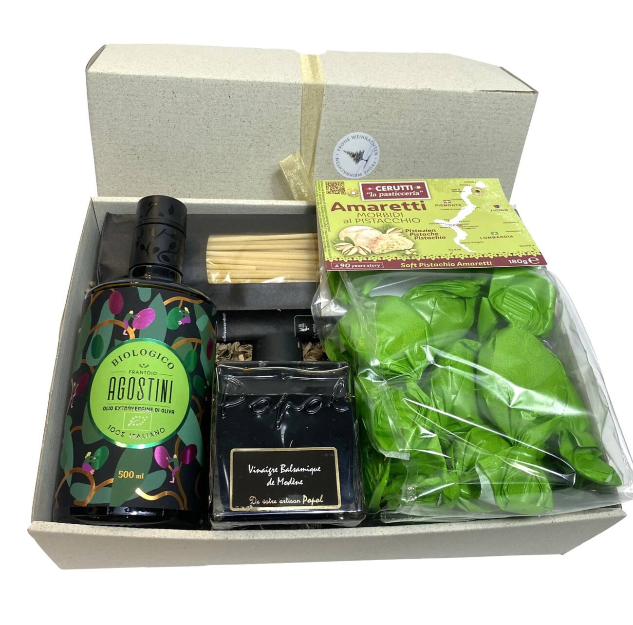 Buonaroma Geschenkbox Gras-Pac mit Olivenöl, Balsamico-Essig, Pasta und Amaretti 4-teilig