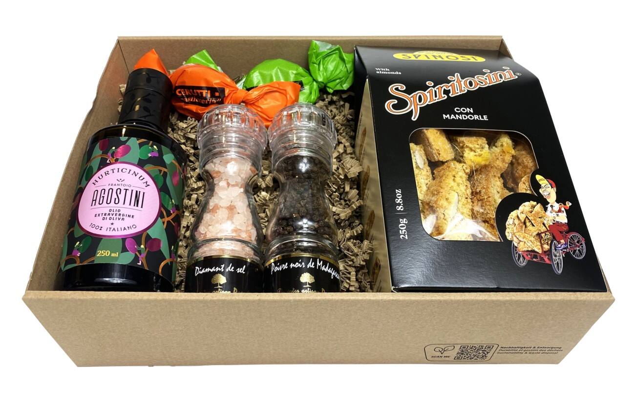 Buonaroma Geschenkbox mit Olivenöl, Salz, Pfeffer und Gebäck 4-teilig