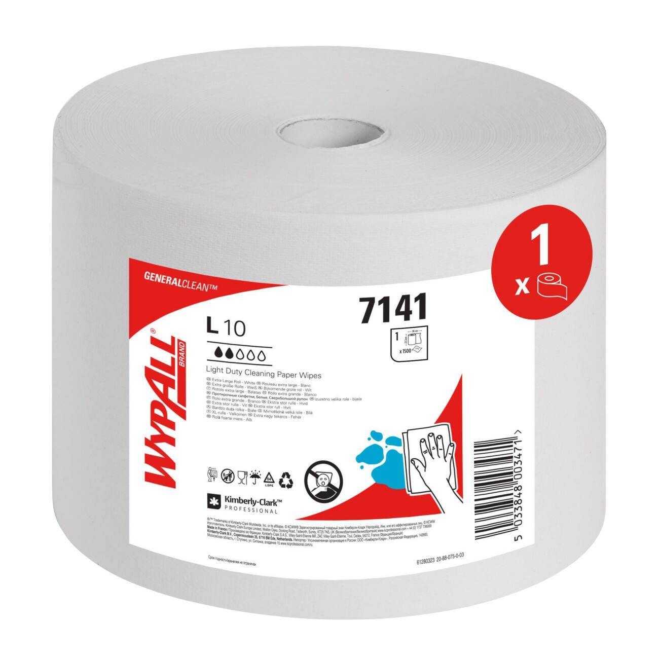 WypAll L10 General Clean Reinigungstücher für leichte Verschmutzungen 7141 – Wischtücher Grossrolle – 1 Rolle à 1500 weisse Papiertücher