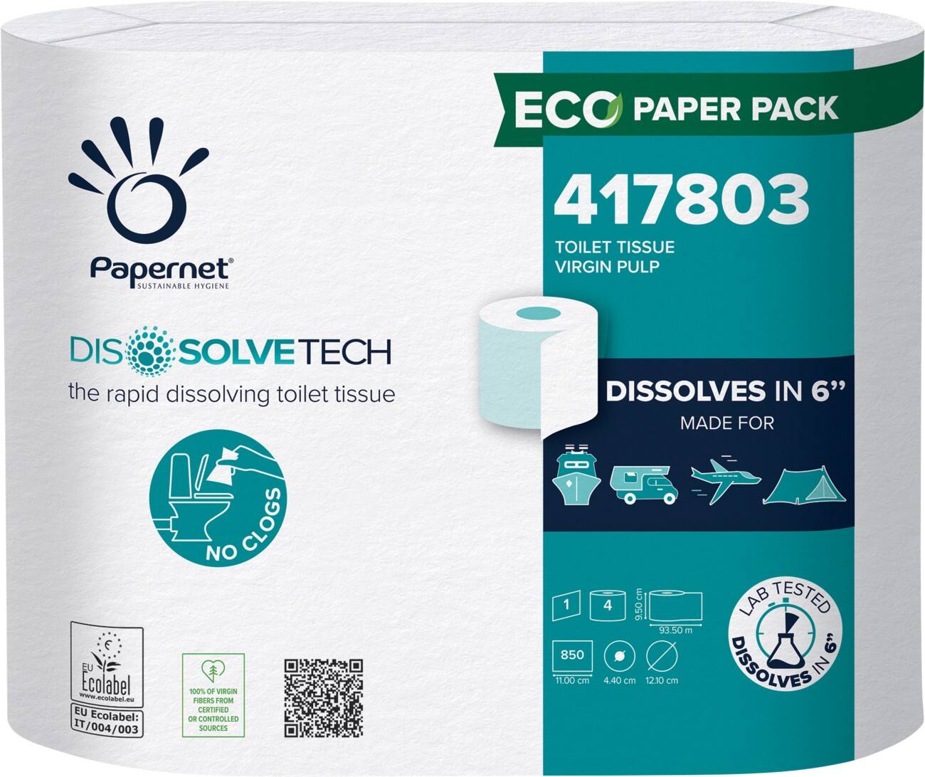 Papier toilette Papernet Dissolve Tech 1 épaisseur Blanc 4 unités de 850 feuilles