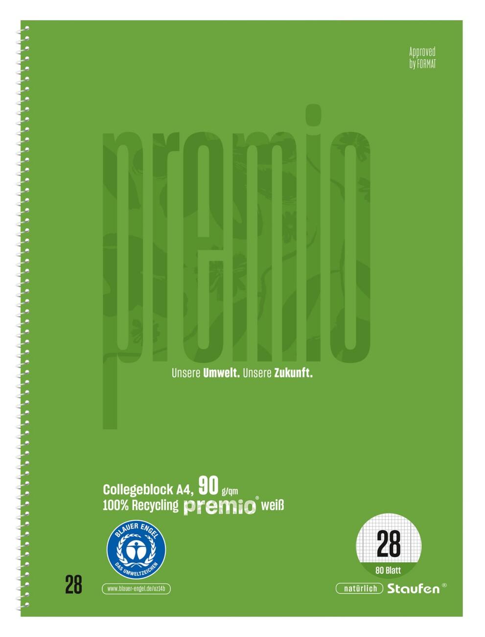 Premio Green Notizbuch Lin28 DIN A4 80 Blatt 90 g/m² Grün 5 mm Kariert mit Rand 4-Loch Gelocht