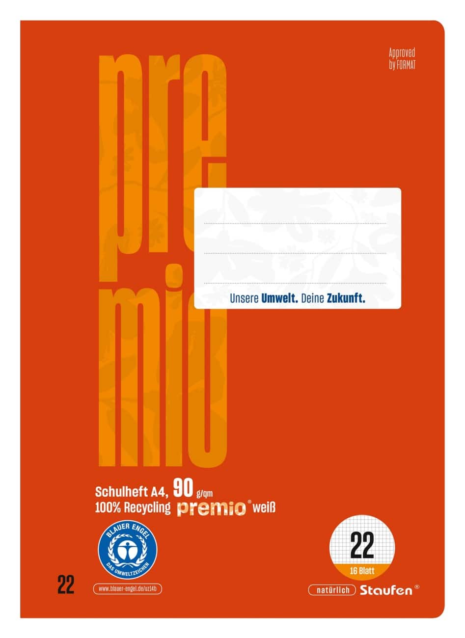 Premio Schulheft Lin22 DIN A4 16 Blatt 90 g/m² rot 5 mm Kariert