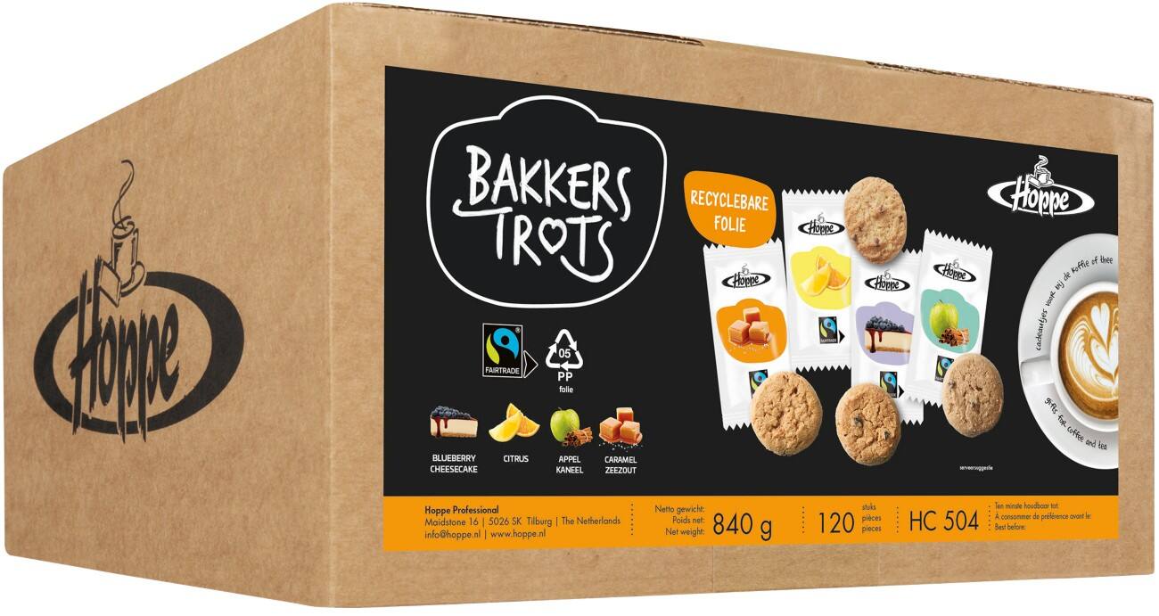 HOPPE Fairtrade Bakkers Trots Zitrone, Blaubeer-Käsekuchen, Karamell-Meersalz und Apfel-Zimt-Kekse 120 Stück
