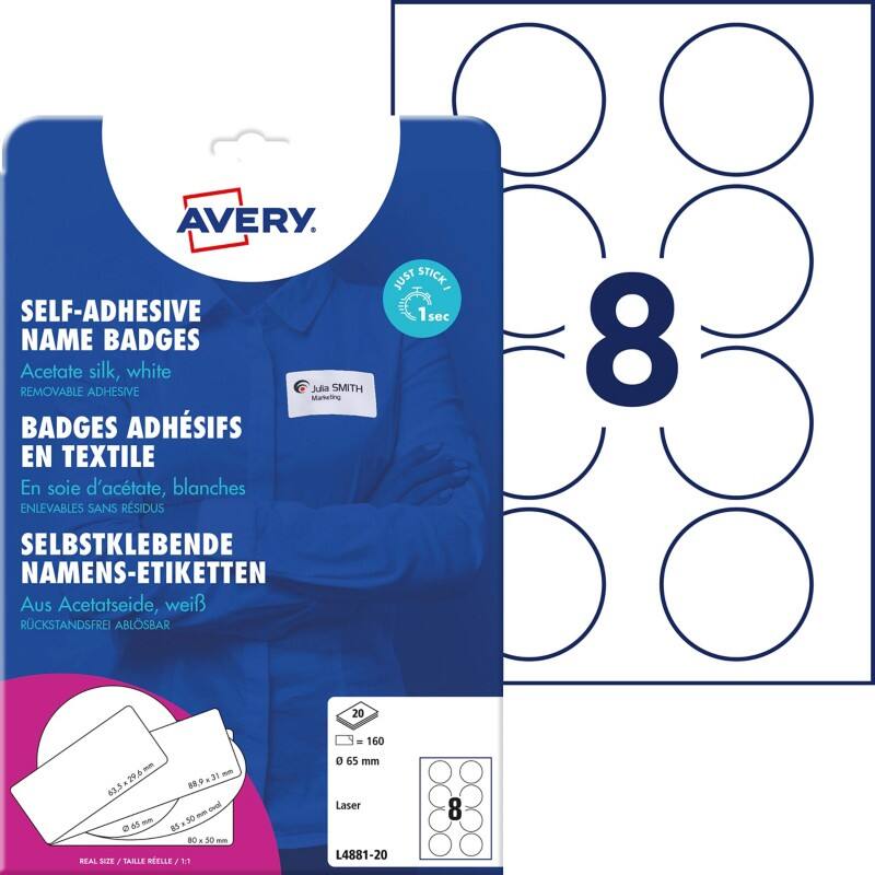 Étiquette badge AVERY Zweckform Laser L4881-20 Adhésif Spécial Blanc 6,5 x 6,5 cm 20 unités