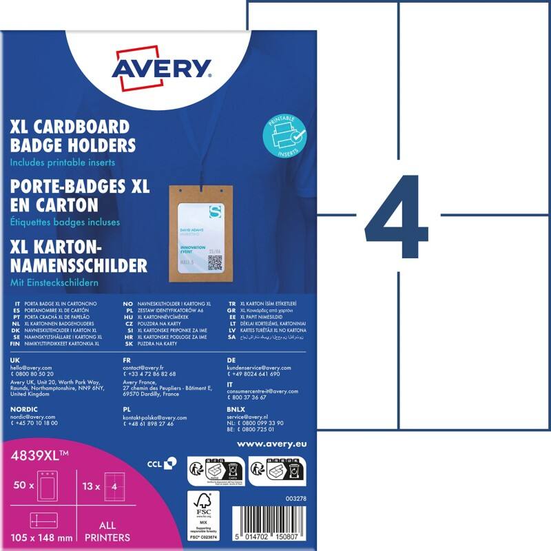 Avery Zweckform 4839XL, Namensschilder-Taschen groß mit Lanyard, 105 x 148 mm, Weiss
