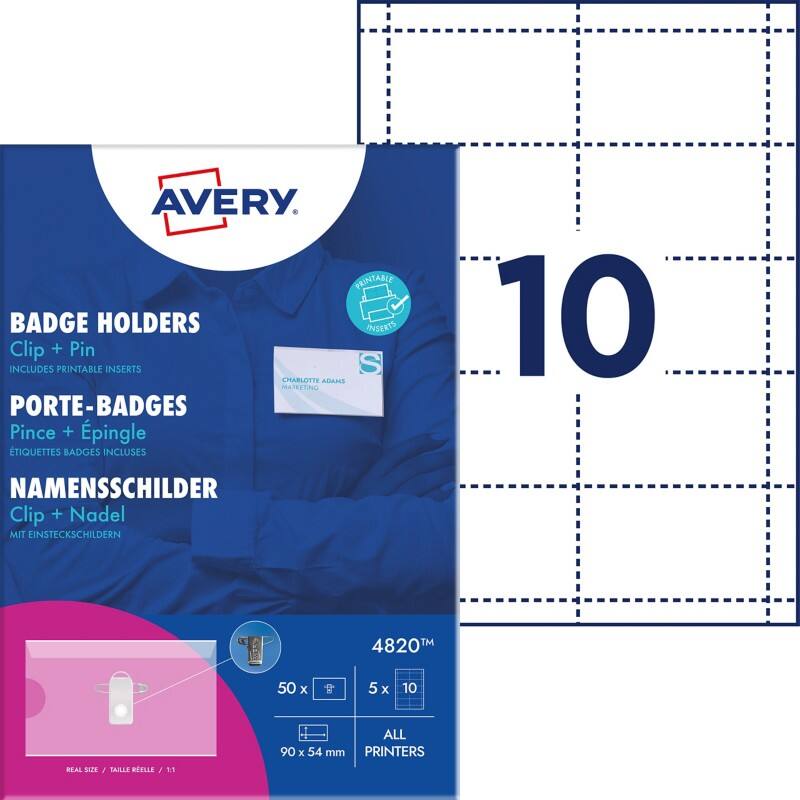 Avery Zweckform 4820, Namensschilder mit Kombiklemme, 90 x 54 mm, Transparent, Weiss