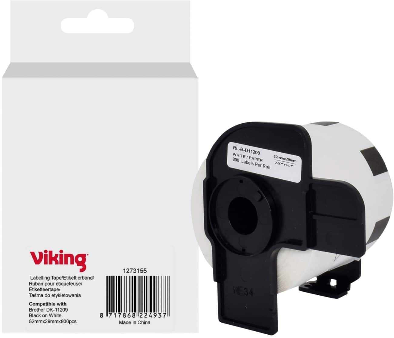 Rouleau d'étiquettes Viking Compatible Brother DK-11209 WB-BRRLD11209-WT Adhésif Noir sur blanc 62 x 90 mm Thermique
