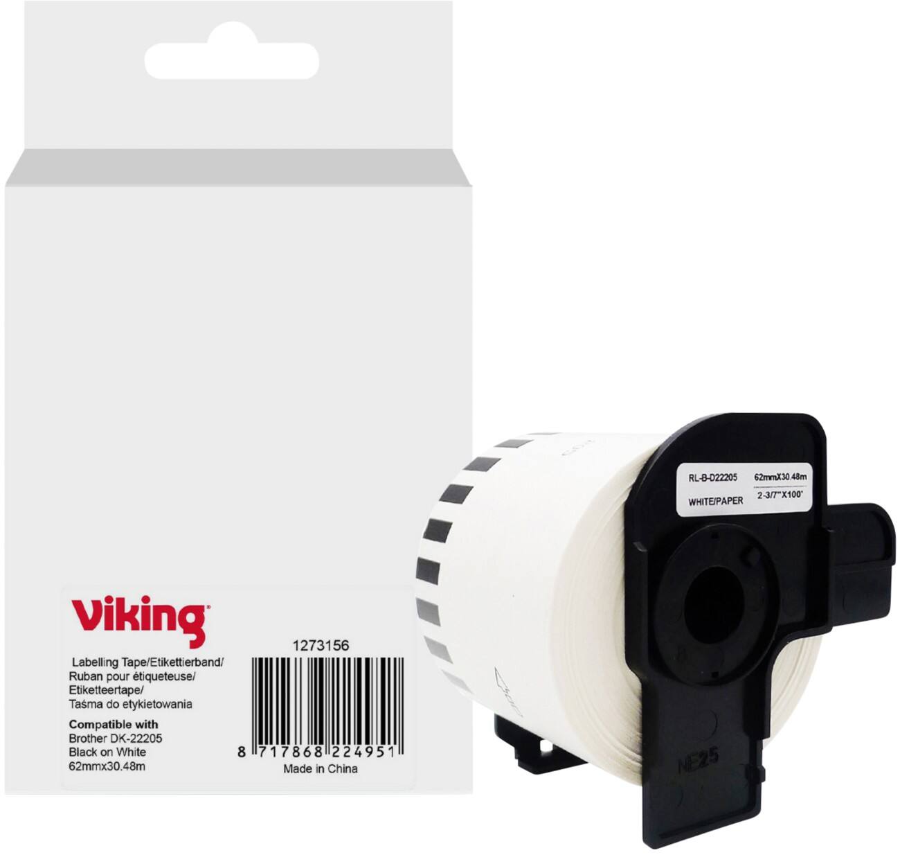 Rouleau d'étiquettes Viking Compatible Brother DK-22205 WB-BRRLD22205-WT Adhésif Noir sur blanc 62 x 90 mm Thermique