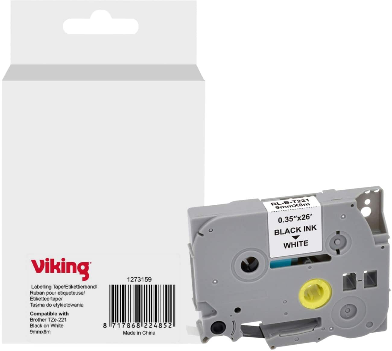 Ruban d'étiquettes Viking Compatible Brother TZe-221 WB-BRRLT221-WT Adhésif Noir sur blanc 9 x 93 mm Thermique