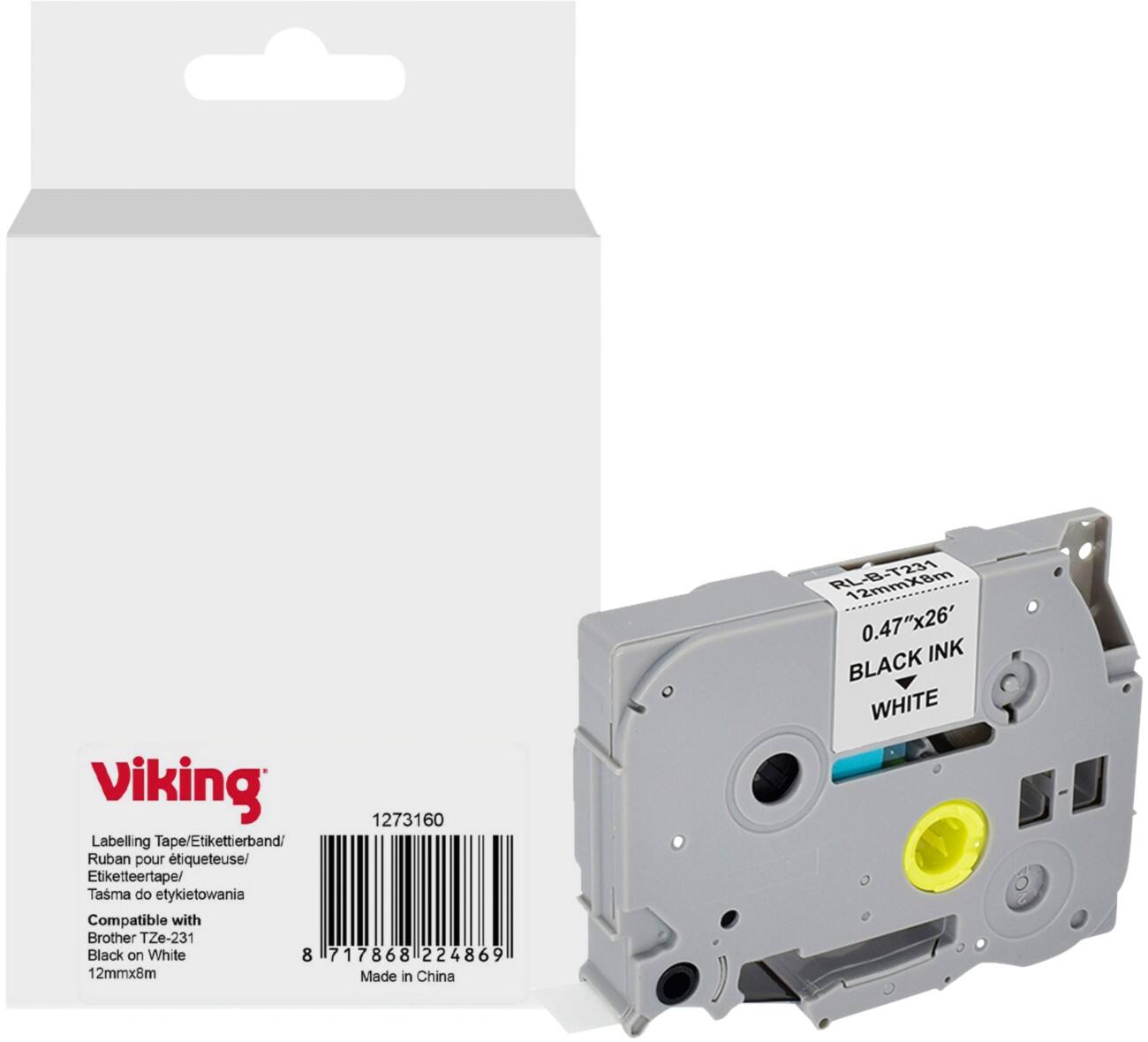 Ruban d'étiquettes Viking Compatible Brother TZe-231 WB-BRRLT231-WT Adhésif Noir sur blanc 12 x 93 mm Thermique