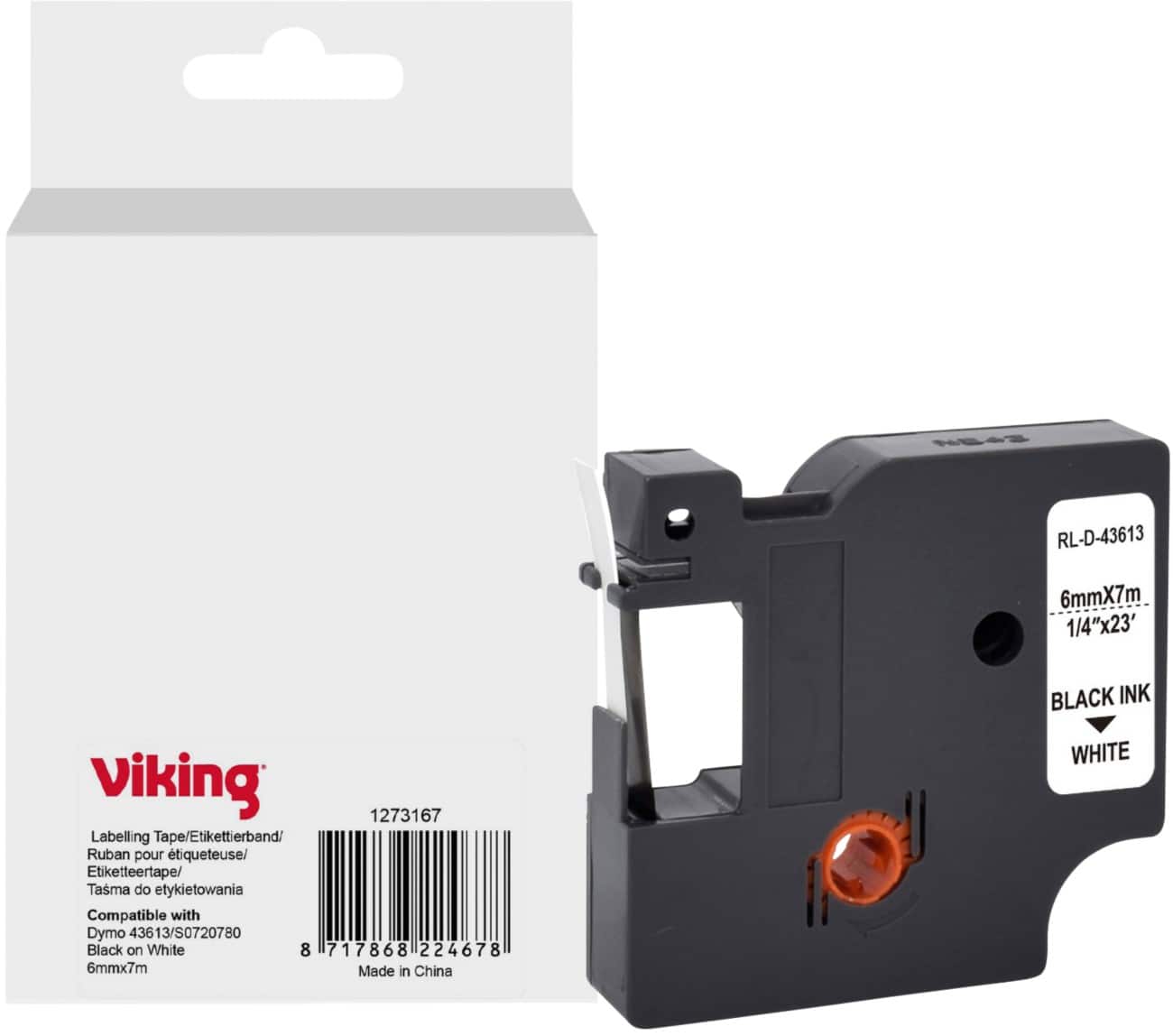 Ruban d'étiquettes Viking Compatible DYMO S0720780 WB-DMRL43613-WT Adhésif Noir sur blanc 6 x 75 mm Thermique