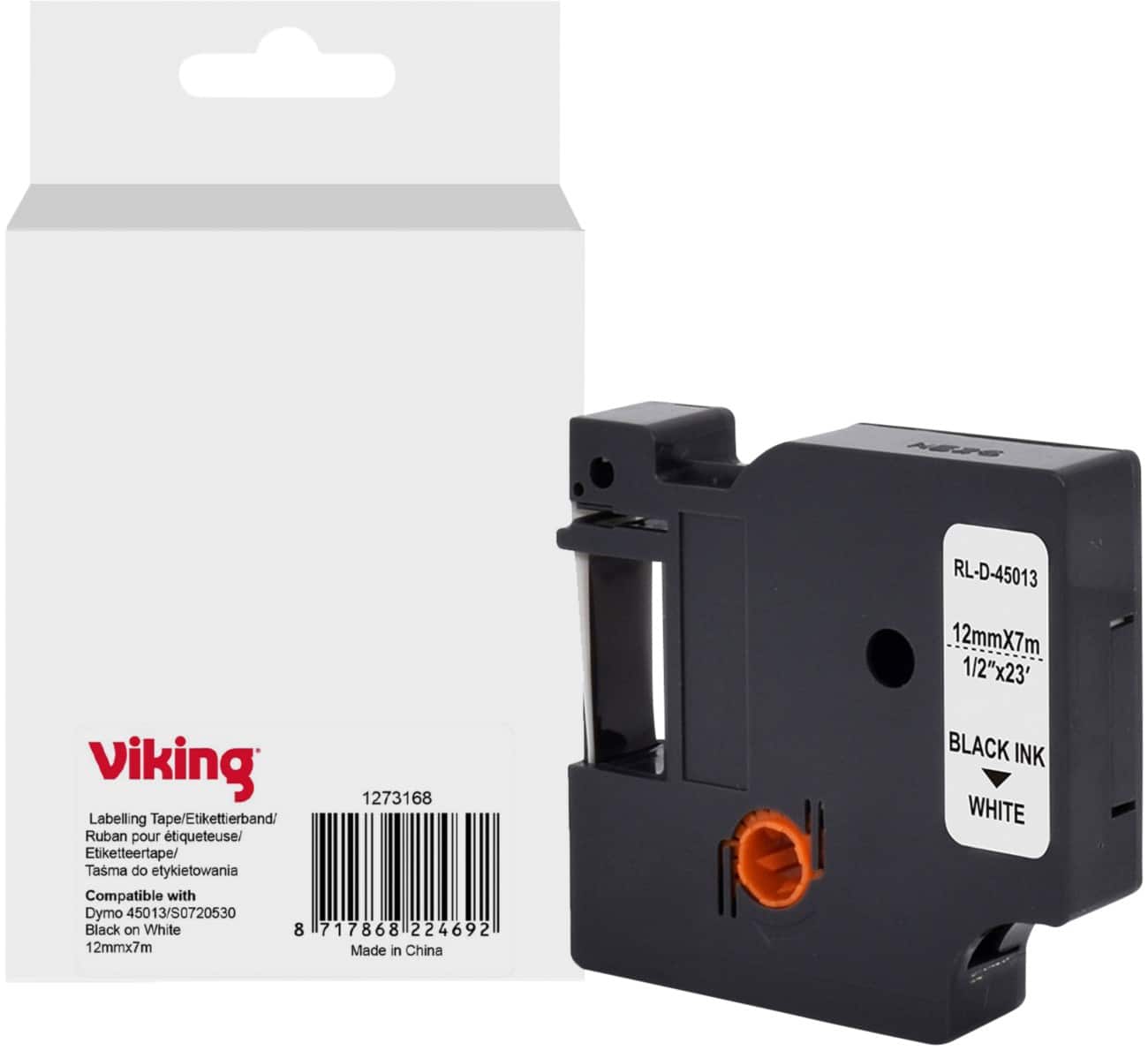 Ruban d'étiquettes Viking Compatible DYMO S0720530 WB-DMRL45013-WT Adhésif Noir sur blanc 12 x 75 mm Thermique