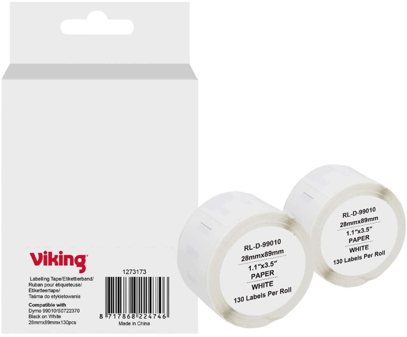 Rouleau d'étiquettes Viking Compatible DYMO S0722370 WB-DMRL99010-WT-2 Adhésif Noir sur blanc 28 x 69 mm Thermique