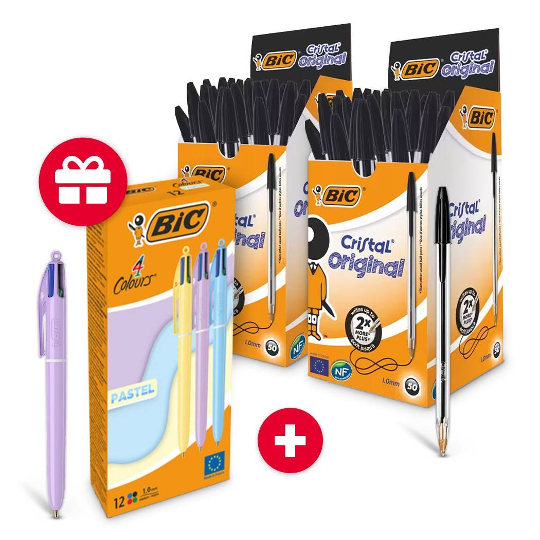 BIC Cristal Original Stylo-Bille Noir 2x50 Unités + GRATUIT BIC 4 Colours Stylo-Bille Multicolore 12 Unités