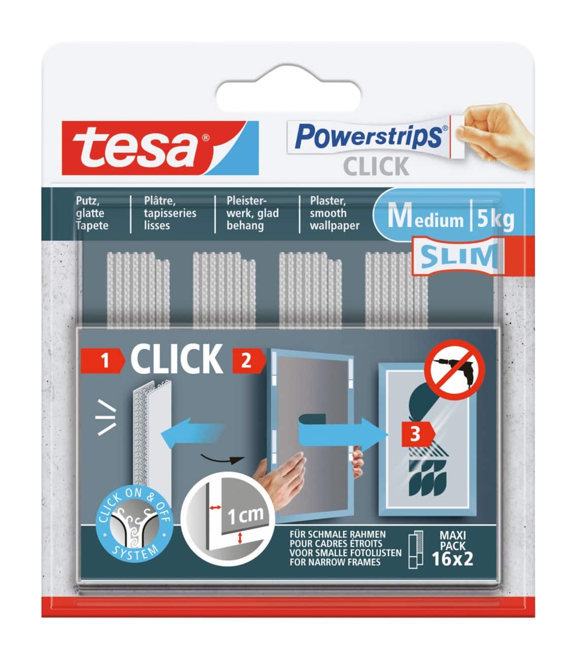 Bande adhésive tesa Powerstrips Click 2 m Slim 16 unités