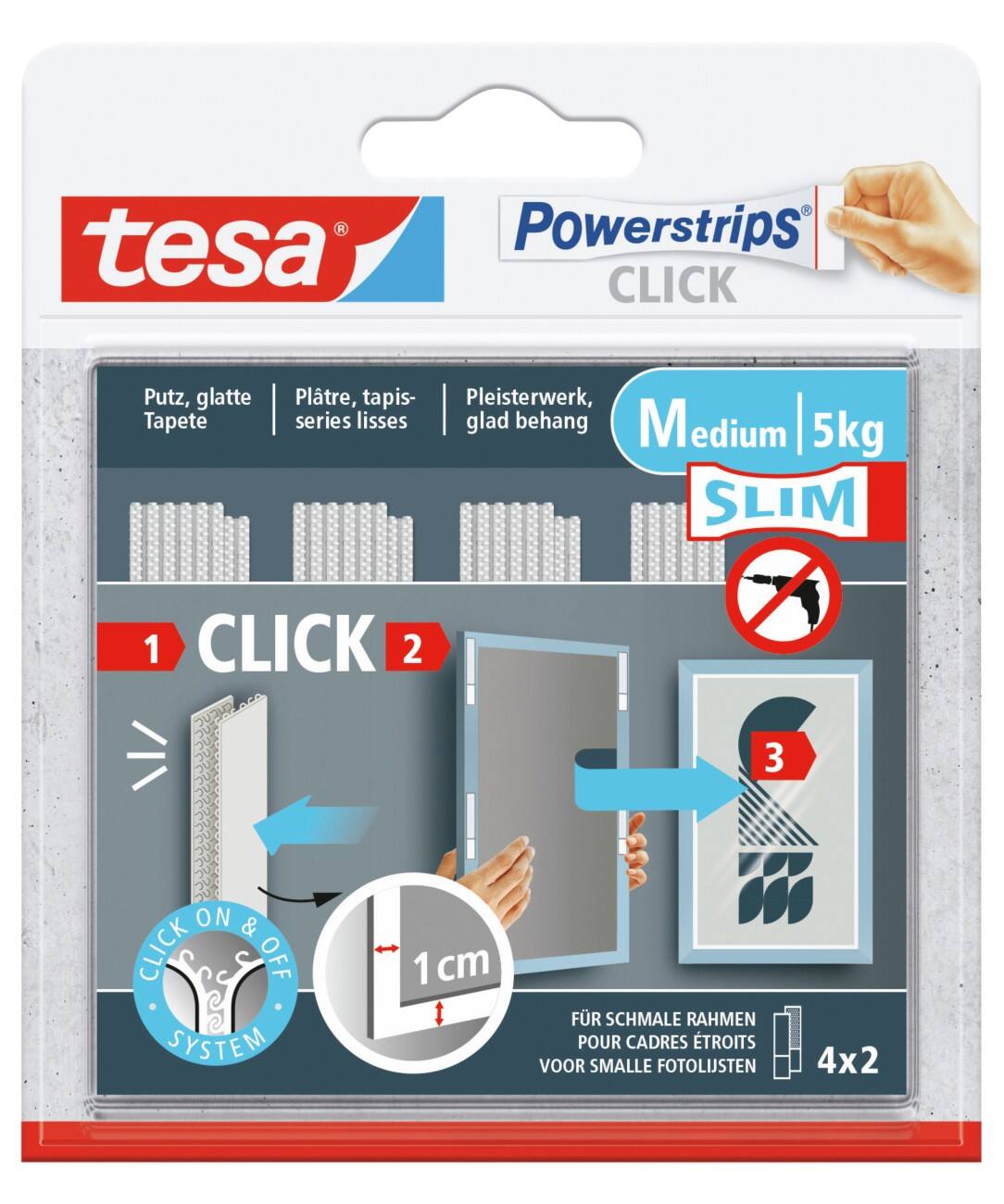 Bande adhésive tesa Powerstrips Click 2 m Slim 4 unités