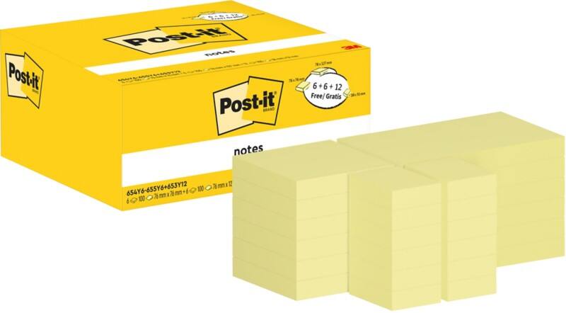 Notes adhésives Post-it Jaune canari Plusieurs tailles (6 x 76 x 76 mm, 6 x 76 x 127 mm, 12 x 38 x 51 mm) 24 blocs de 100 feuilles Pack économique 12+12 (38 x 51 mm) GRATUITS