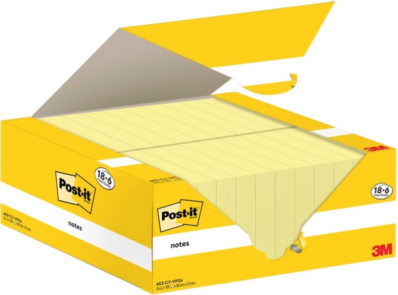 Post-it Haftnotizen Kanariengelb 38 x 51 mm Packung mit 24 Blöcken à 100 Blatt Value Pack 18+6 GRATIS
